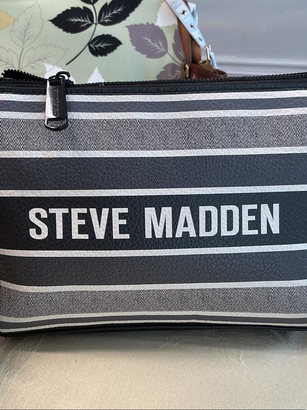 Steve Madden Black and White Striped Toiletry Pouch